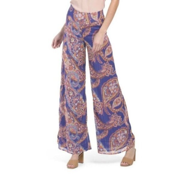 Julie Brown Orange and PurpleShimmer Paisley Boho Palazzo Pants Size 12 - Picture 1 of 13